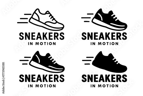 Four stylized black and white athletic shoes depicted in motion against a clean white background conveying speed and dynamism suitable for sport branding and advertising purposes