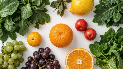 Fototapeta Naklejka Na Ścianę i Meble -  Assorted fruits including oranges, lemon, grapes, and apples with green leafy background.