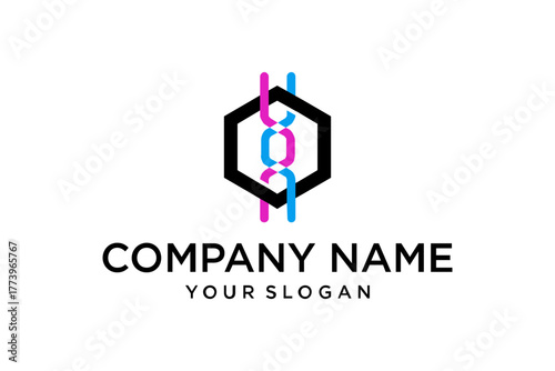 Modern DNA Double Helix Logo Design with Hexagonal Frame in Pink and Blue