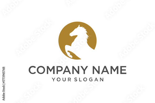 Elegant Rearing Horse Silhouette Logo in Golden Circle with Placeholder Text