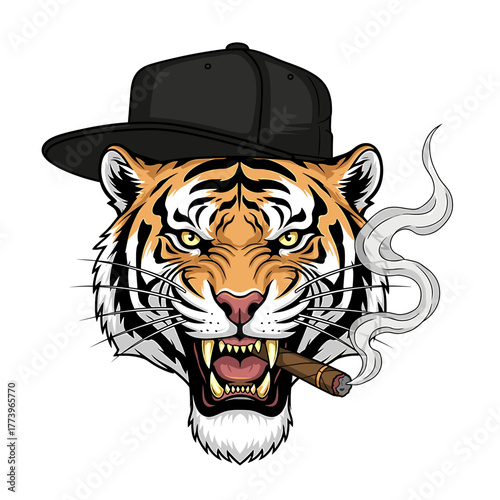 A fierce tiger head wearing a black cap, smoking a cigar, with an angry expression.