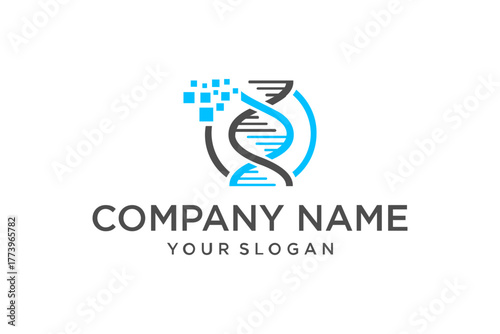 Modern Digital DNA Helix Logo with Abstract Pixel Elements Symbolizing Genetic Data and Scientific Innovation