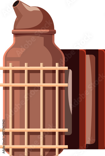 Copper moonshine still featuring a wooden frame, evoking traditional distilling practices