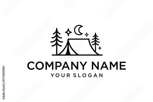 Outdoor Camping Adventure Logo with Tent, Pine Trees, Moon, and Stars in Minimalist Line Art Style