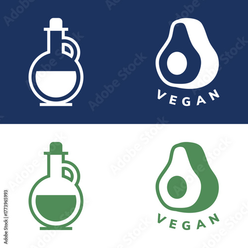 Vegan olive oil and avocado icons representing healthy eating and lifestyle