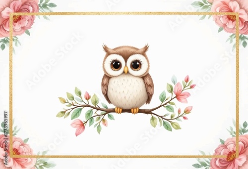 Cute baby owl on floral branch watercolor illustration