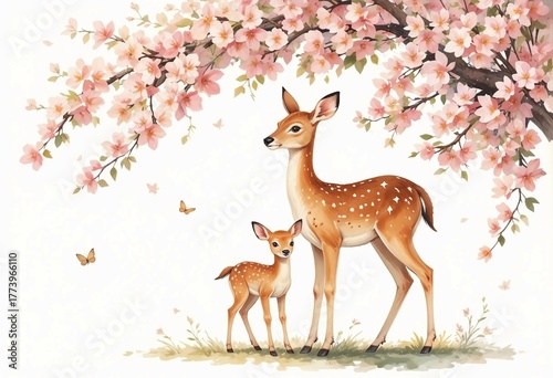 Watercolor deer family under cherry blossoms nursery illustration