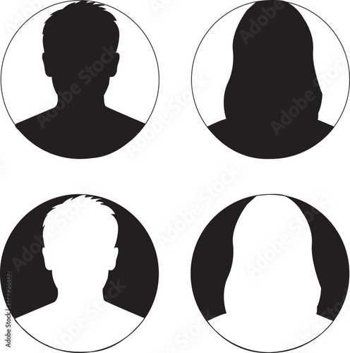 Four circular profile pictures featuring contrasting black and white silhouettes of people