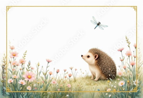 Sweet baby hedgehog with dragonfly in watercolor meadow