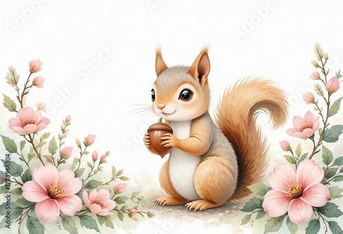 Charming baby squirrel holding acorn among blossoms watercolor illustration