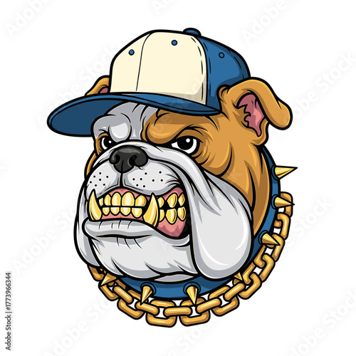 Cartoon bulldog with an angry expression, wearing a cap and gold chain.