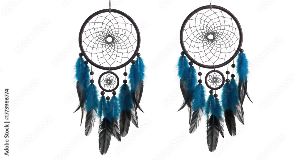 Fototapeta premium Two detailed dreamcatchers with blue & gray feathers against a black backdrop