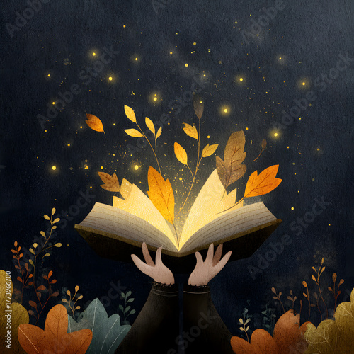 Enchanting book surrounded by autumn leaves and glowing lights at twilight