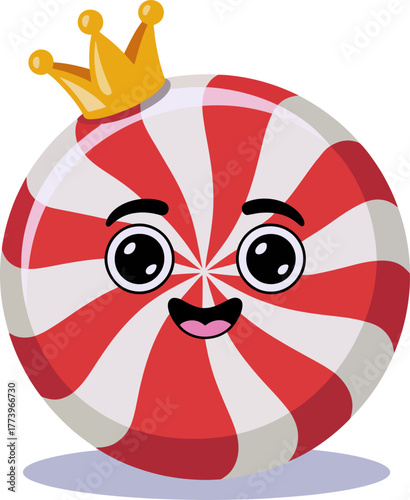 Cartoon anthropomorphic peppermint candy with crown on white