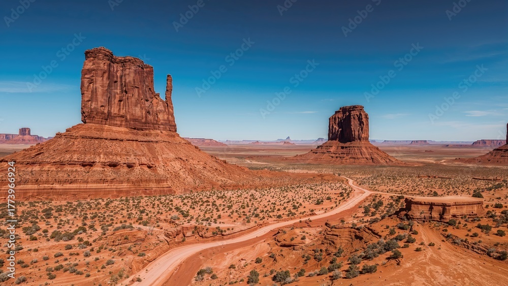 Fototapeta premium Desert landscape with iconic buttes and a winding road, showcasing the arid terrain and expansive sky.