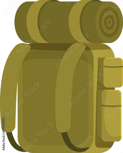 Green hiking backpack with sleeping bag and pockets, ideal for camping and outdoor activities