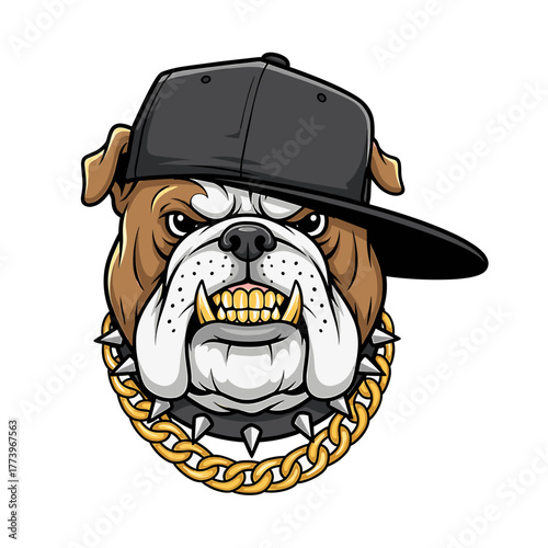Cartoon bulldog head wearing a black baseball cap and a gold chain collar.