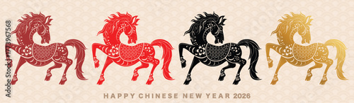 Happy chinese new year 2026 the horse zodiac sign with flower,lantern,asian elements red paper cut style on color background. ( Translation : happy new year 2026 year of the horse )