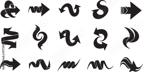 Collection of diverse hand drawn black arrow icons on white background