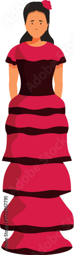 Young woman dancing flamenco, wearing traditional layered red dress and flower in her hair, representing spanish culture and art