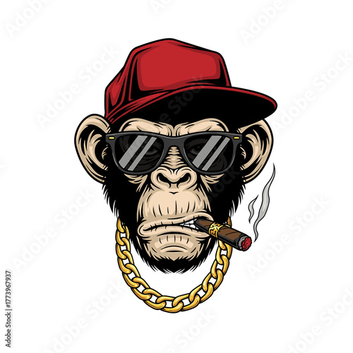A cool chimpanzee wearing sunglasses, a cap, and smoking a cigar.
