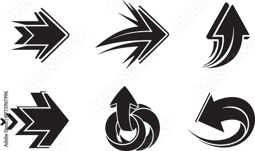 Collection of six stylized black arrows with textured grunge effect