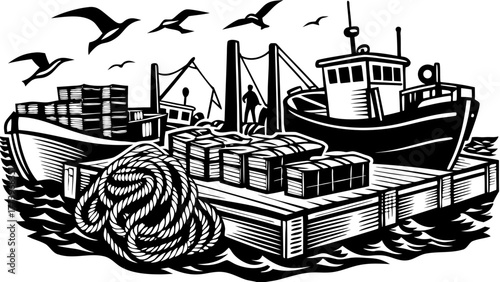 Coastal Wharf Landscape in Bold Linocut Style, Digital SVG for Scalable Prints

