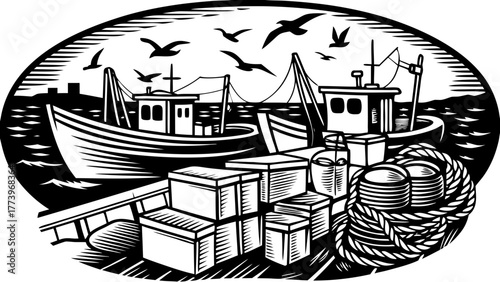Linocut Art of a Bustling Coastal Wharf with Fishing Boats and Seagulls, SVG File

