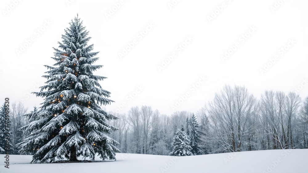 Fototapeta premium Snow-covered pine tree in a winter landscape with snow-covered ground and bare trees in the background. Cold, winter, nature scene.