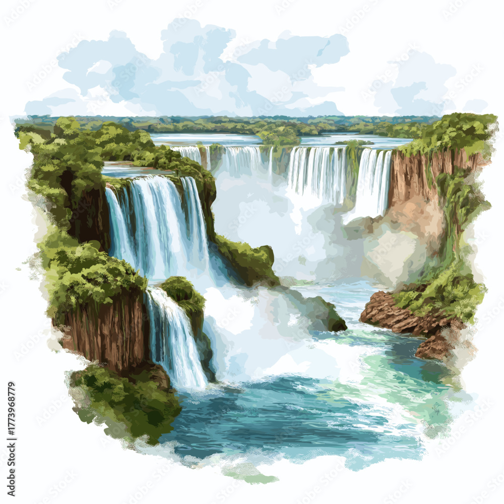 Naklejka premium Iguazu Falls. Iguazu Falls hand drawn watercolor illustration