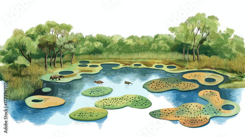Pantanal Wetlands - Mato Grosso. Pantanal Wetlands - Mato Grosso hand drawn watercolor illustration