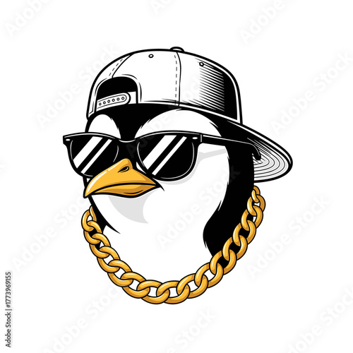 A cool penguin wearing sunglasses, a cap, and a gold chain, posing.