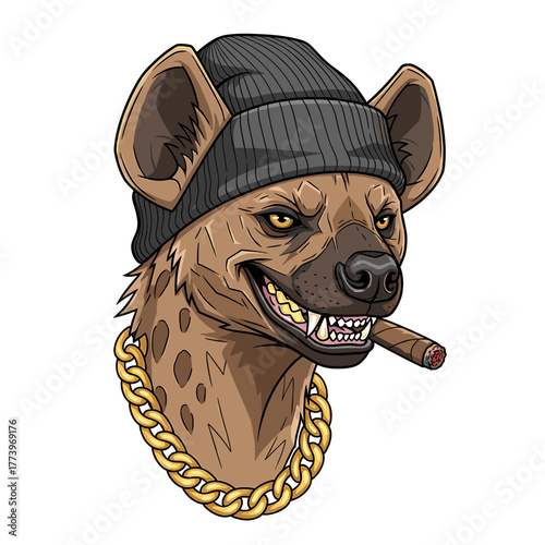 Cartoon hyena wearing a beanie, gold chain, and smoking a cigar.