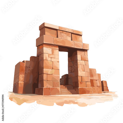 Tiwanaku Archaeological Site. Tiwanaku Archaeological Site hand drawn watercolor illustration