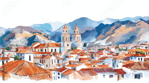 Sucre Historic Center. Sucre Historic Center hand drawn watercolor illustration
