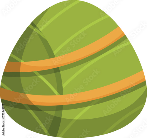 Cartoon illustration of a green easter egg decorated with orange stripes, celebrating the arrival of spring and the joy of easter festivities