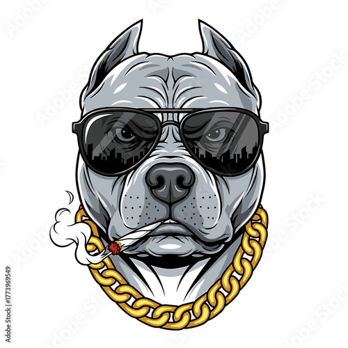 A stylized illustration of a cool dog wearing sunglasses and a gold chain, smoking.