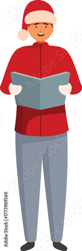 Choir singer performing christmas carols, holding a song book, wearing a santa hat and red festive attire