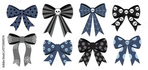 Gothic Halloween Bows Set – Spooky Black Ribbon Collection with Skulls, Spider Webs & Polka Dots for Dark Cute Accessories Vector