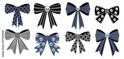 Gothic Halloween Bows Set – Spooky Black Ribbon Collection with Skulls, Spider Webs & Polka Dots for Dark Cute Accessories Vector