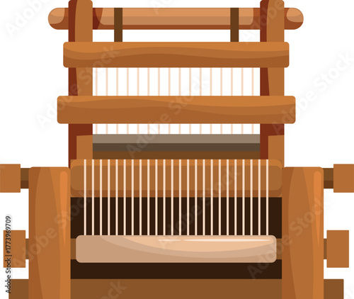 Traditional wooden hand loom weaving machine creating fabric with thread