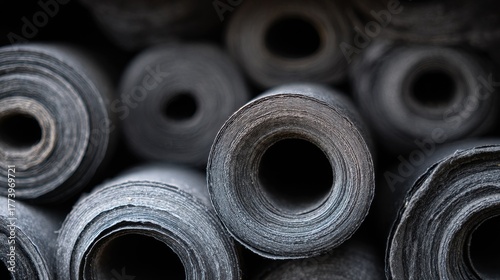 Close-up of a group of rolled up black fabric rolls. the rolls are tightly wound and appear to be made of a textured material.