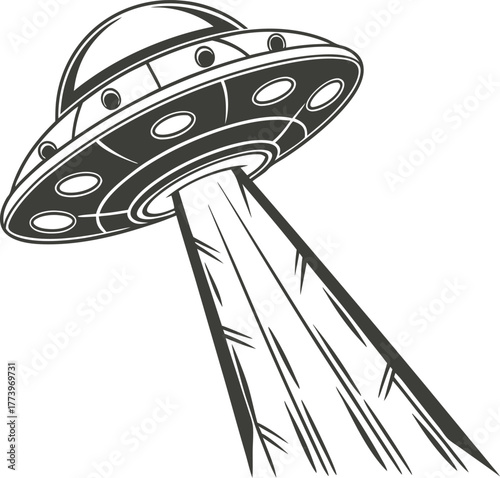 Retro sci fi flying saucer silhouette with light beam