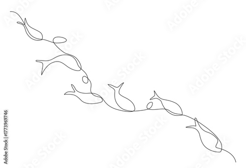 Minimalist continuous one line art of abstract fish swimming in harmony, expressing fluid motion and minimalist artistic style. Vector editable stroke.