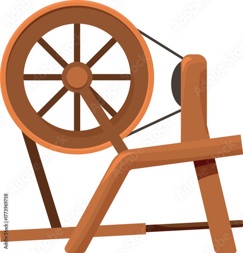 Traditional wooden spinning wheel creating textiles with historic techniques