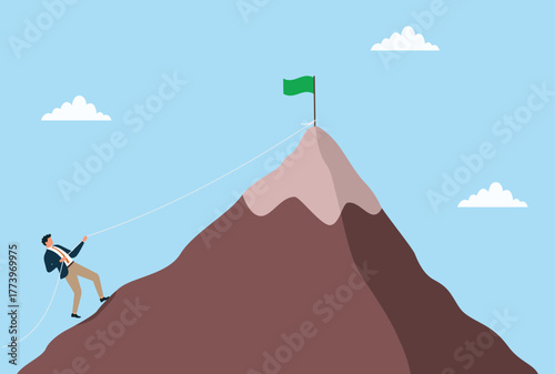 Vector illustration of a businessman climbing a mountain toward a green flag at the peak with a rope symbolizing ambition, perseverance, goal achievement, leadership, determination, and success
