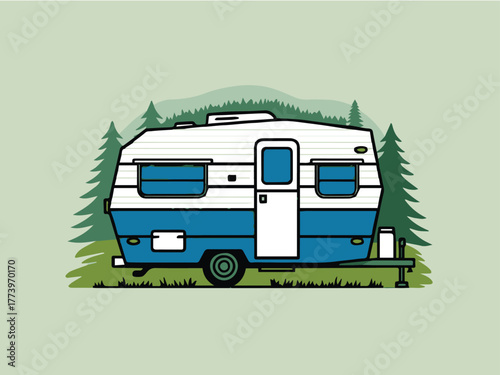 trailer forest campsite travel trailer vector camping scene illustration