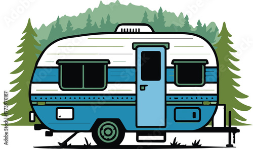trailer parked by pine trees travel trailer camping vector illustration