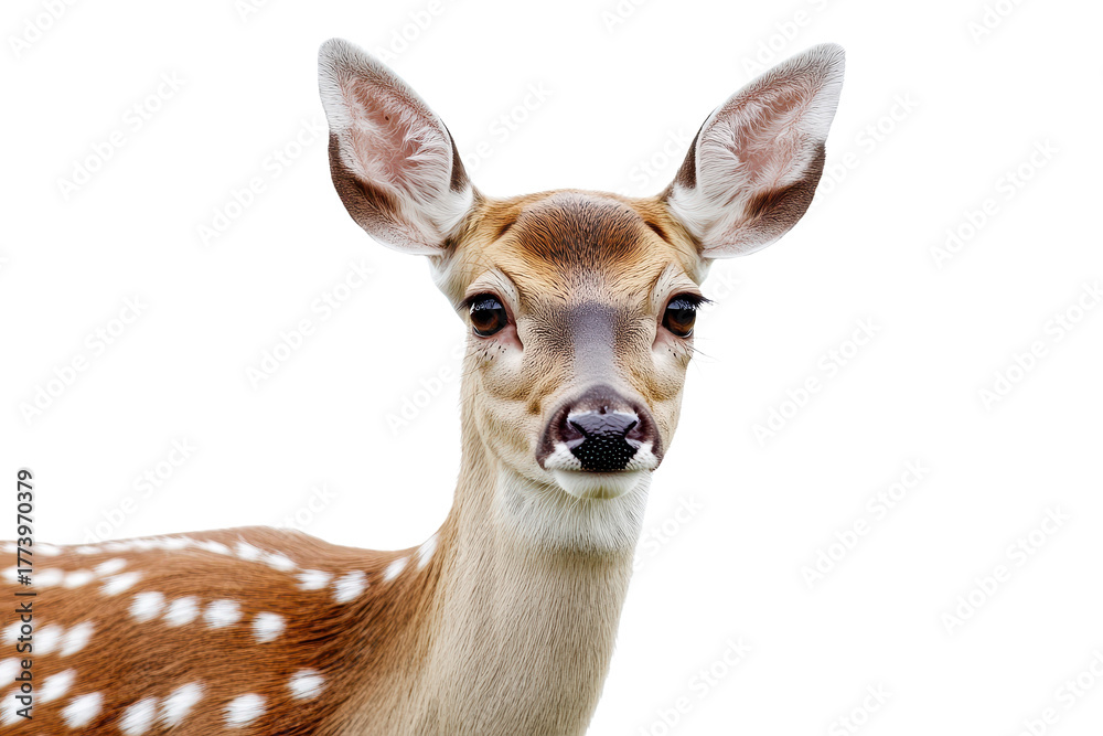 Fototapeta premium Portrait of a young deer standing alone in a bright, open area under natural light, showcasing its delicate features and spots
