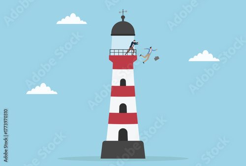 Vector illustration of businessmen on top of a lighthouse with one pushing another off symbolizing competition, betrayal, workplace conflict, power struggle, and unethical business behavior

